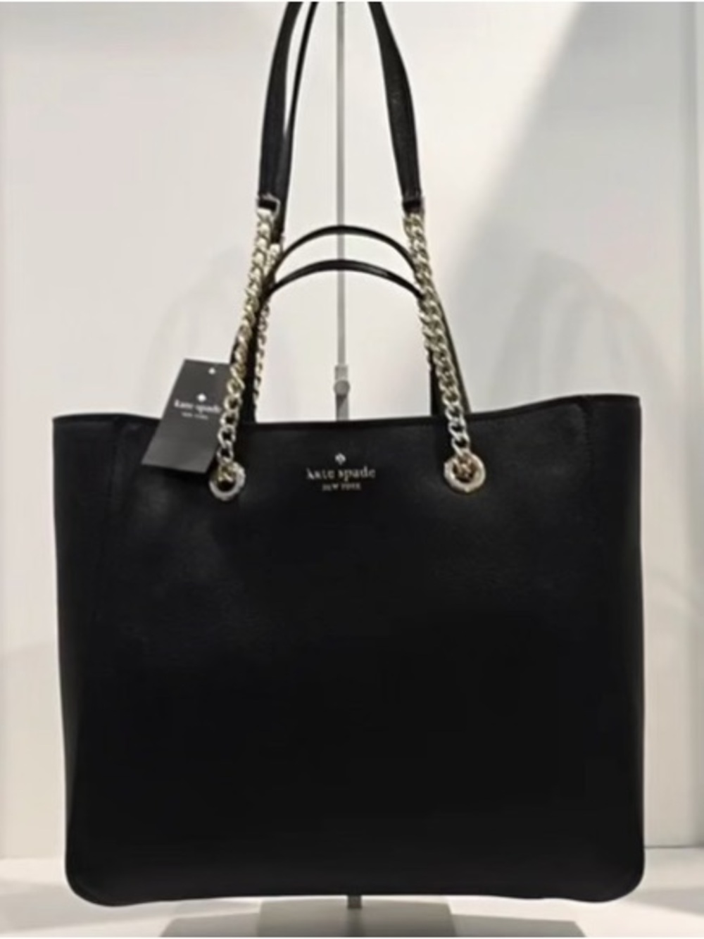 Kate Spade Large Black Leather Triple Compartment Tote Gold Chain Straps